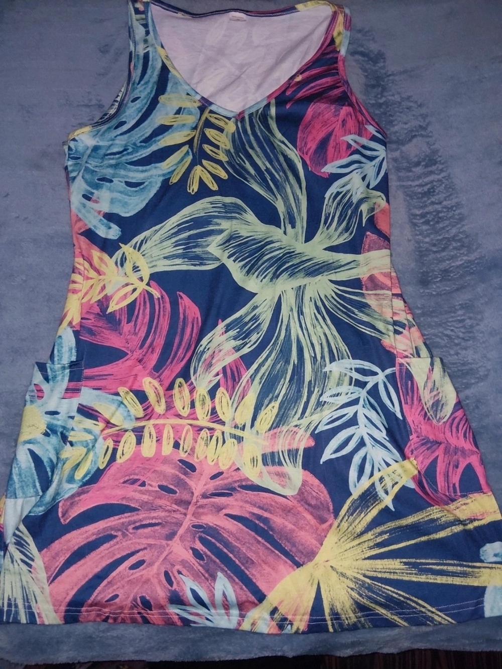Women's Navy Tropical Print V-Neck Dress - Pink, Yellow & Blue